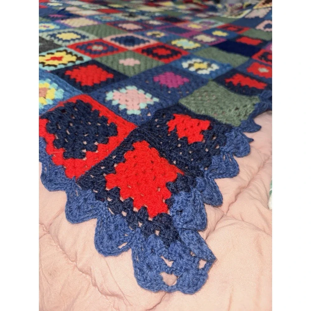 Vintage Granny Square Afghan Blanket Crochet Bohemian throw 68x52